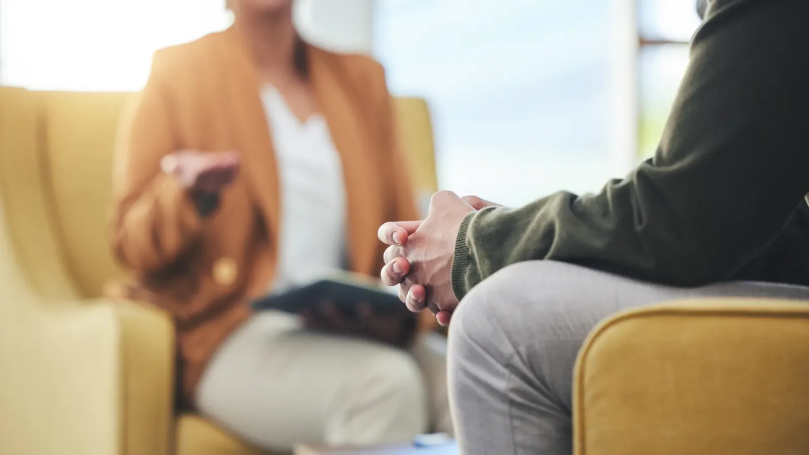 Therapist meeting with a client in a sunny counseling room